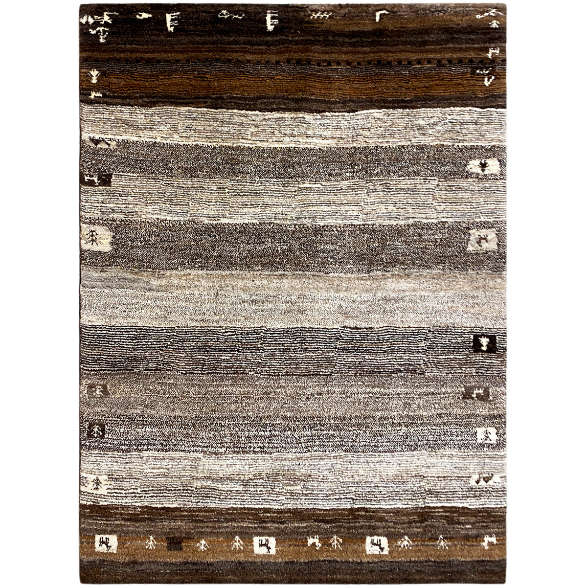Rechteckiger Gabbeh-Teppich mit horizontalen Streifen in Braun, Grau und Beige