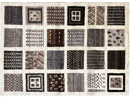 Gabbeh-Teppich 198x150 cm, rechteckig, Patchwork-Motive aus schwarzen und braunen Quadraten