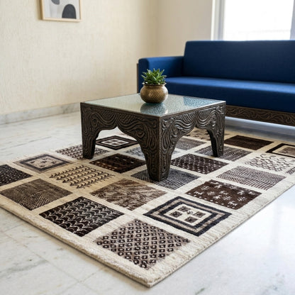 Gabbeh-Teppich 198x150 cm mit Patchwork-Muster in Schwarz, Braun und Creme