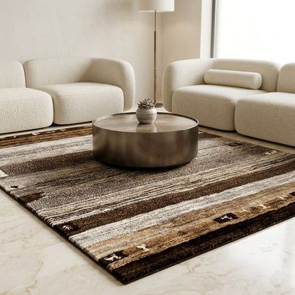 Gabbeh-Teppich 195x153 cm mit gestreiftem Muster in Braun-, Beige- und Grautönen