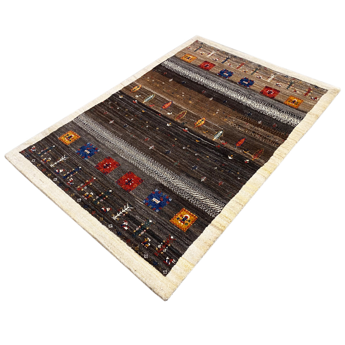 Rug at an angle, dark brown with light decorative stripes and colorful motifs