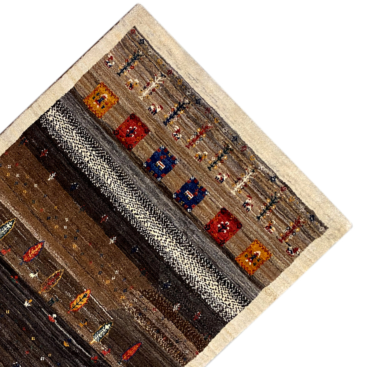 Carpet detail with a beige border, dark brown stripes, and colorful medallion motifs