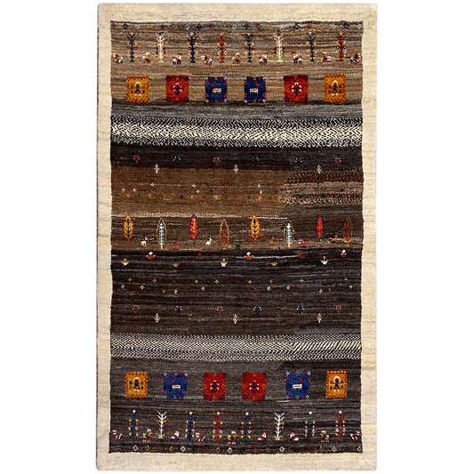 Rug with a beige border, dark brown background, and multicolored geometric patterns