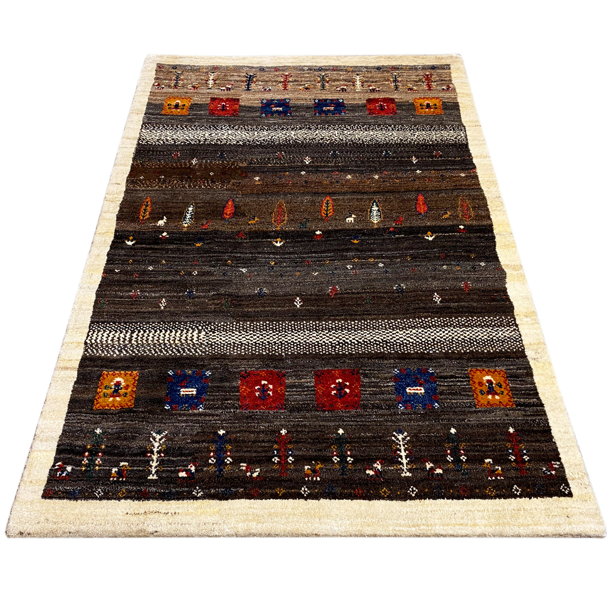 Rug laid diagonally: dark with a beige border and rows of geometric ornaments.