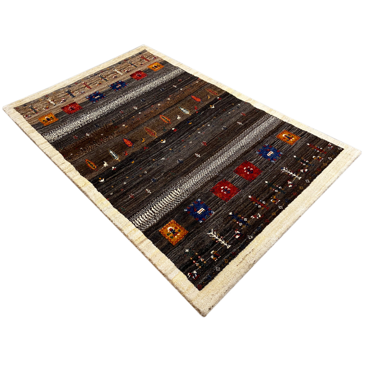 Dark brown carpet with a beige border; colorful squares and delicate ornaments.