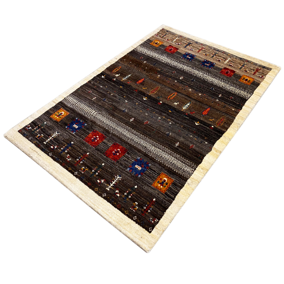 Dark brown rug with silvery-looking stripes and colorful patterned sections.