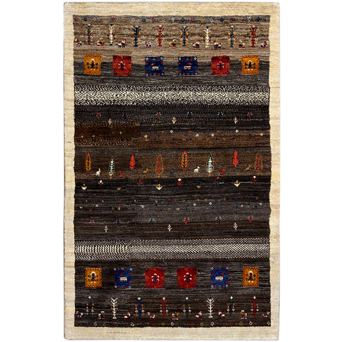 Rug with multicolored rectangular and linear patterns, beige border on a dark background.