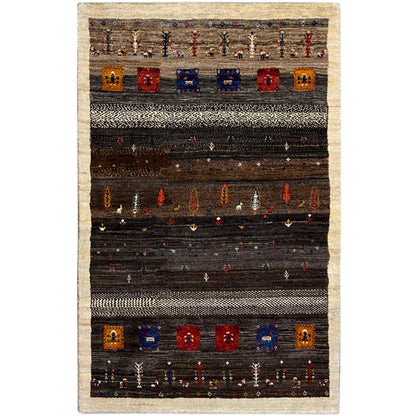 Rug with multicolored rectangular and linear patterns, beige border on a dark background.