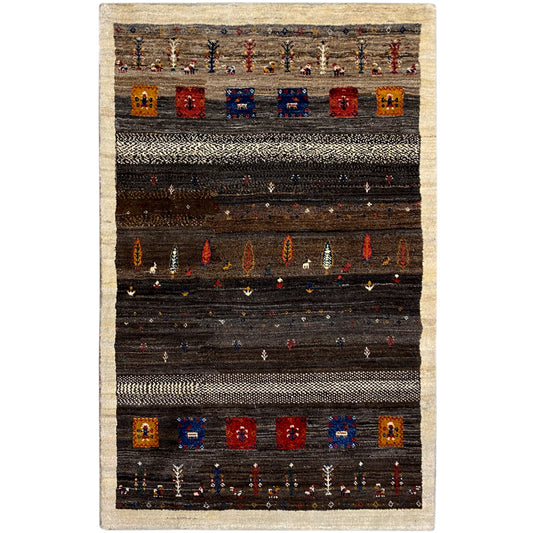 Rug with multicolored rectangular and linear patterns, beige border on a dark background.