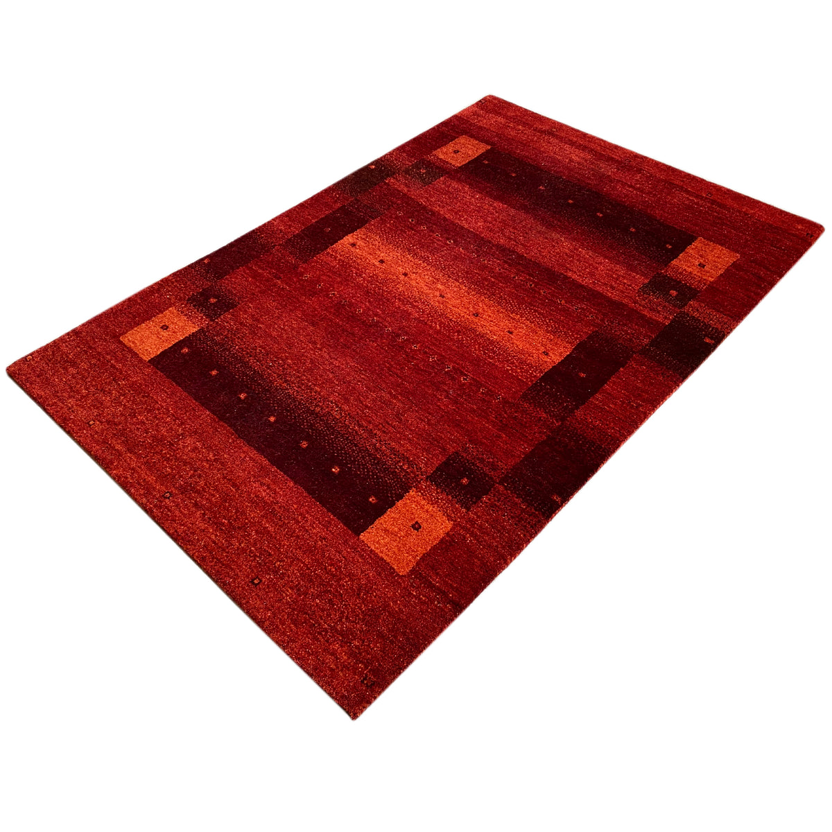 Gabbeh rug, red, diagonal top view with light and dark squares