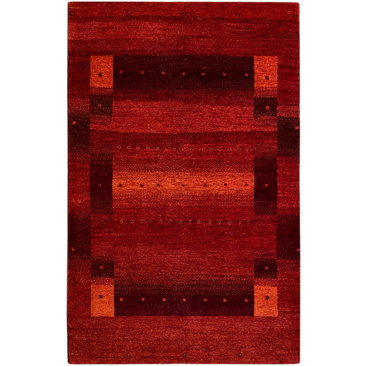 Gabbeh rug, rectangular, red with a dark border and geometric patterns