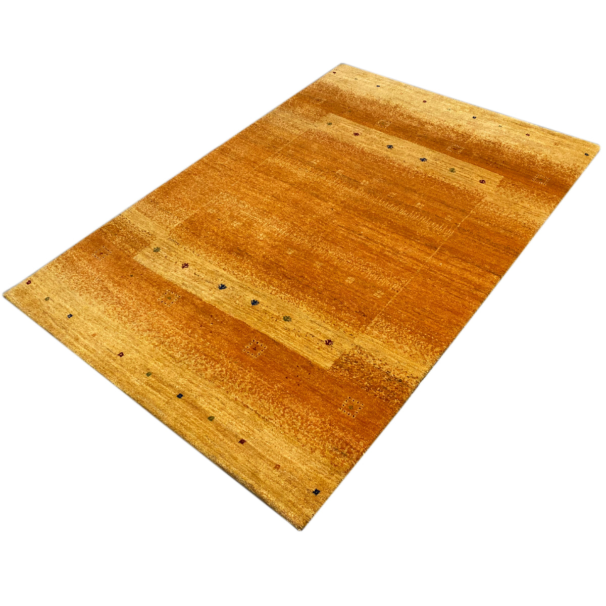 Gabbeh rug in honey brown with elongated linear fields and scattered dots