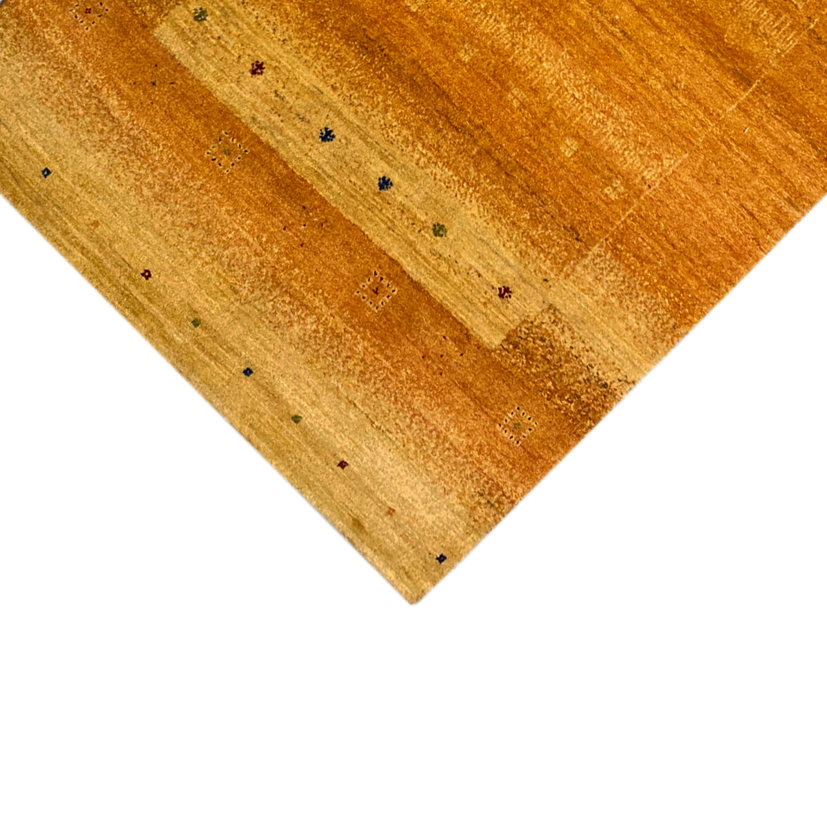 Honey-brown Gabbeh rug with diagonal stripes and many small multicolored dots