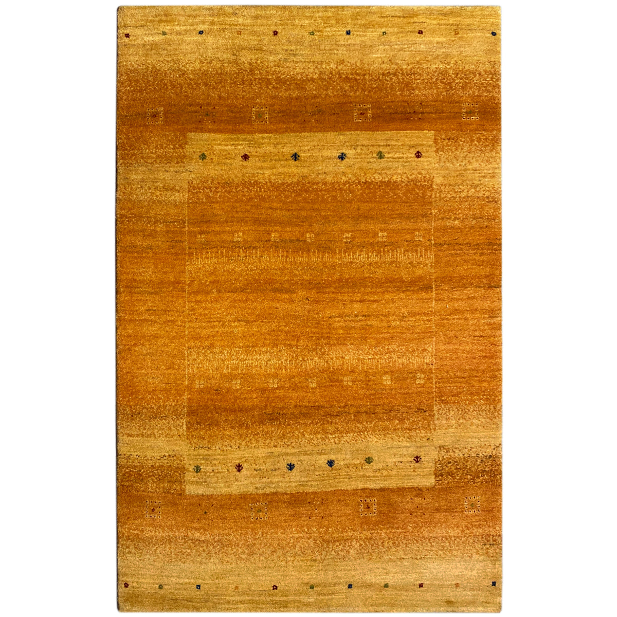 Gabbeh rug in honey brown with fine lines and small multicolored dots