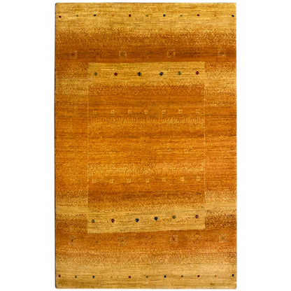 Gabbeh rug in honey brown with fine lines and small multicolored dots