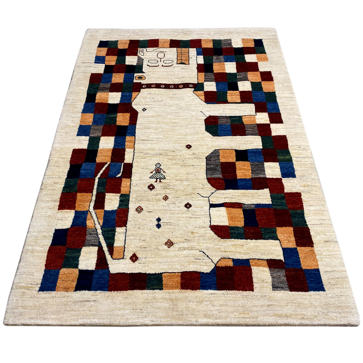 Gabbeh rug 180x119 cm with a geometric pattern, cream-colored background and blue/red block checks