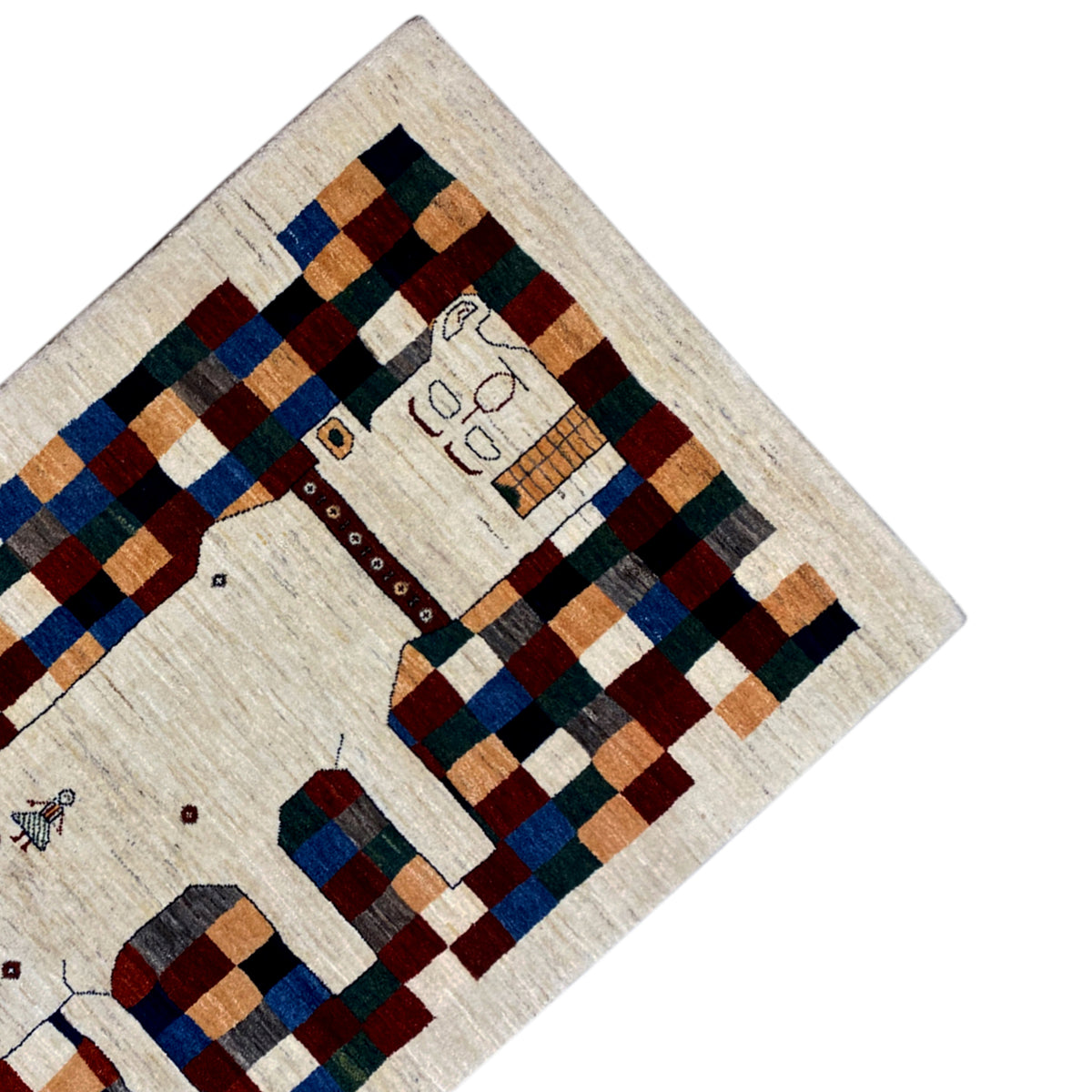 Gabbeh rug 180x119 cm, detail view with a cream-colored background, colorful checkered elements, and a border