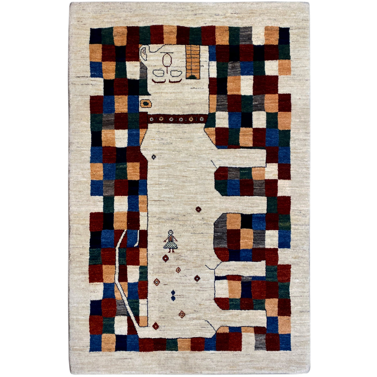 Gabbeh rug with an oriental pattern, cream-colored field, and colorful block stripes, 180x119 cm