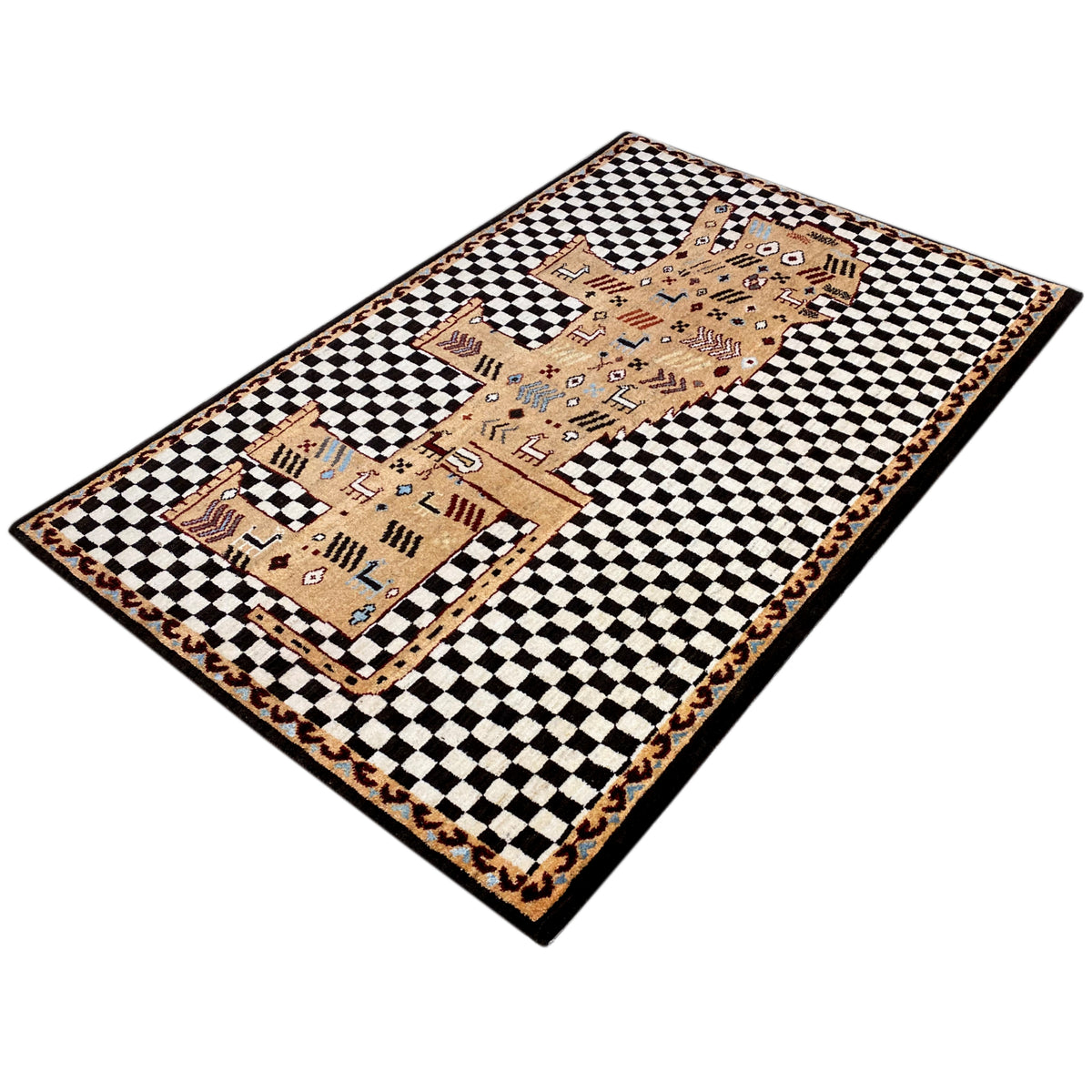 Rug with a beige Gabbeh motif and black-and-white check pattern, framed with a brown border