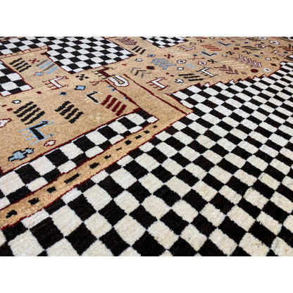 Close-up: black-and-white checkered pattern and beige tribal motif with colorful accents