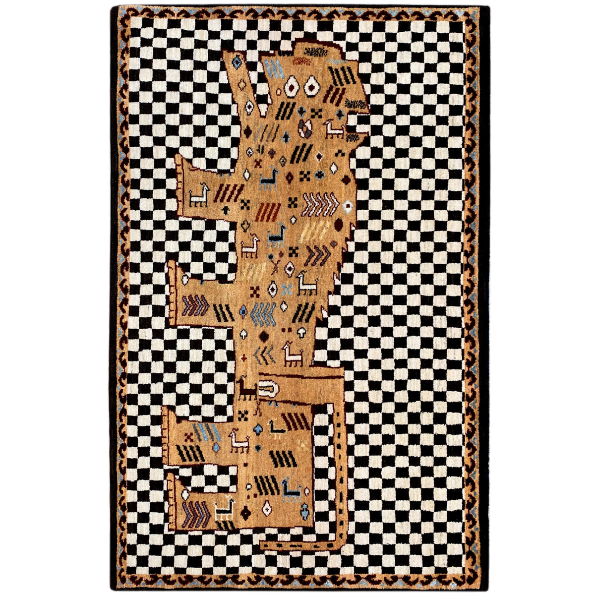 Gabbeh rug: black-and-white checkered pattern with a beige tribal motif and surrounding border