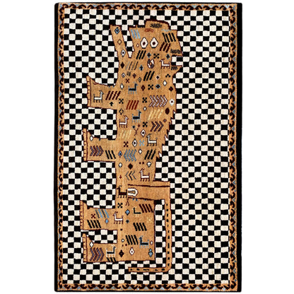 Gabbeh rug: black-and-white checkered pattern with a beige tribal motif and surrounding border