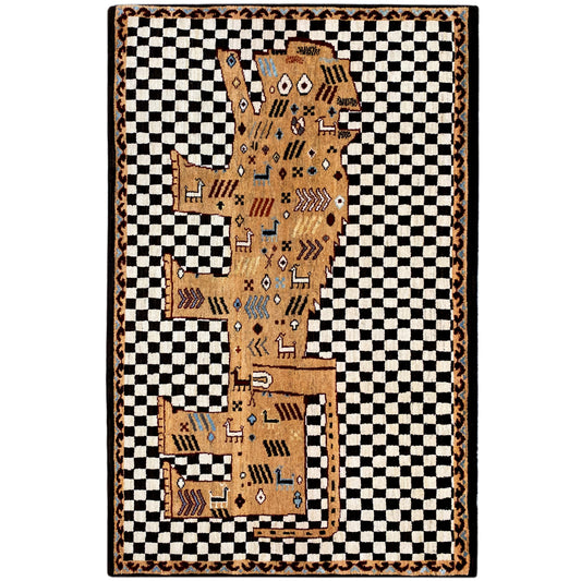 Gabbeh rug: black-and-white checkered pattern with a beige tribal motif and surrounding border