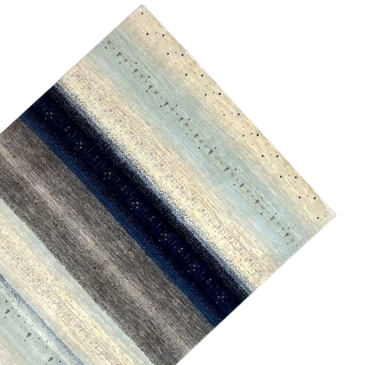 Gabbeh rug with a blue central stripe and gray border stripes