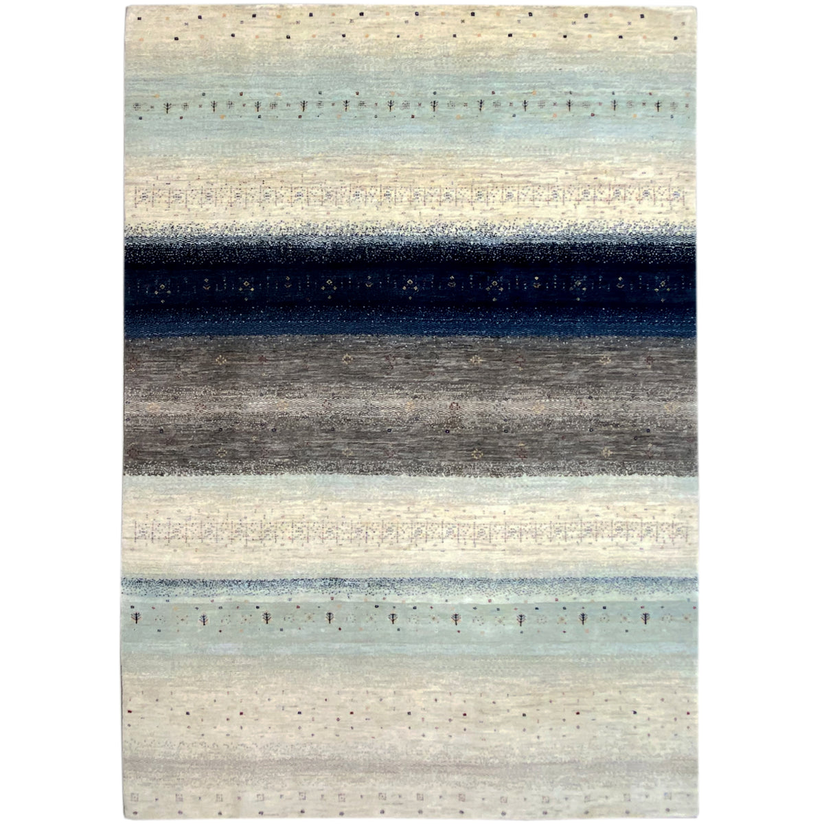 Blue-gray Gabbeh rug with wide stripes, 290×198 cm