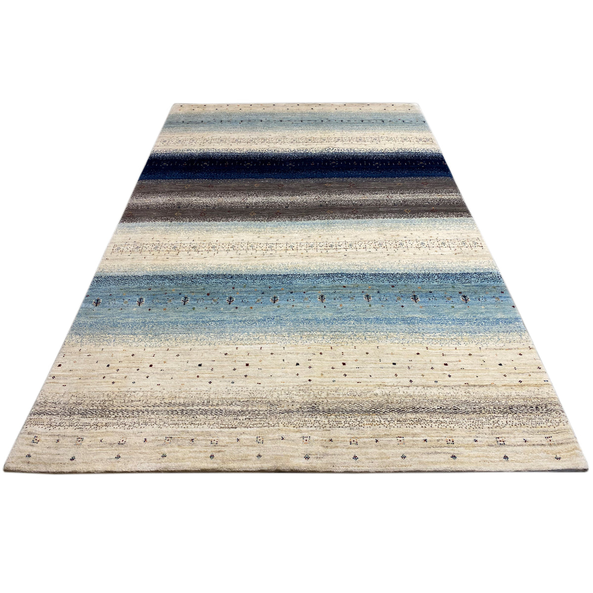 Gabbeh rug, striped look in blue, gray and beige with small flecks of color
