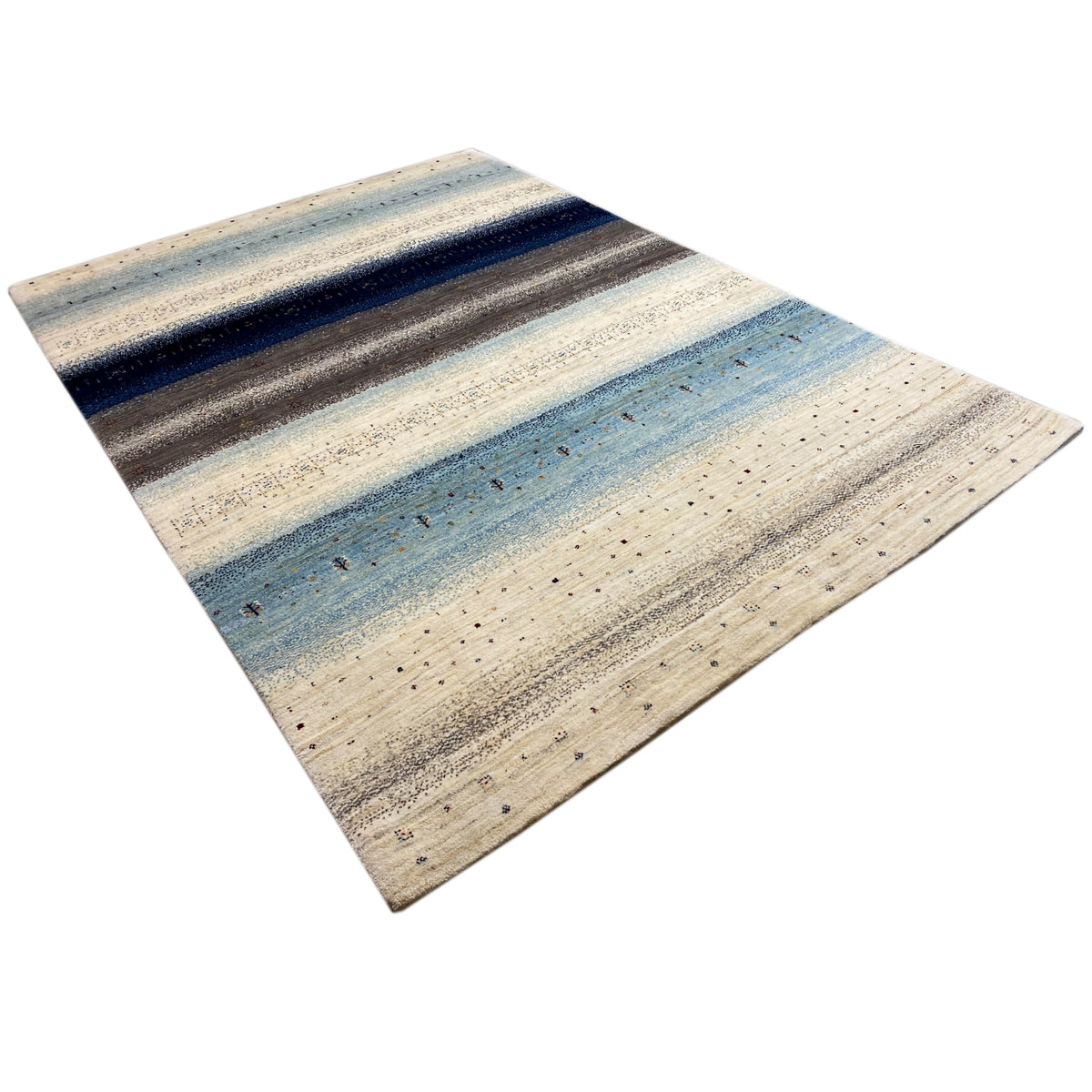Blue-gray-beige Gabbeh rug with horizontal stripes and a delicate pattern