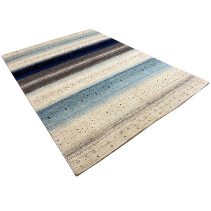 Blue-gray-beige Gabbeh rug with horizontal stripes and a delicate pattern