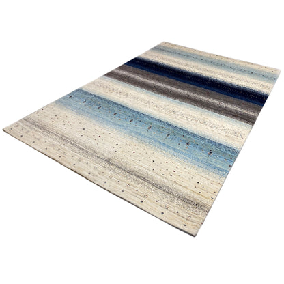 Gabbeh rug with wide horizontal stripes in blue, anthracite and cream