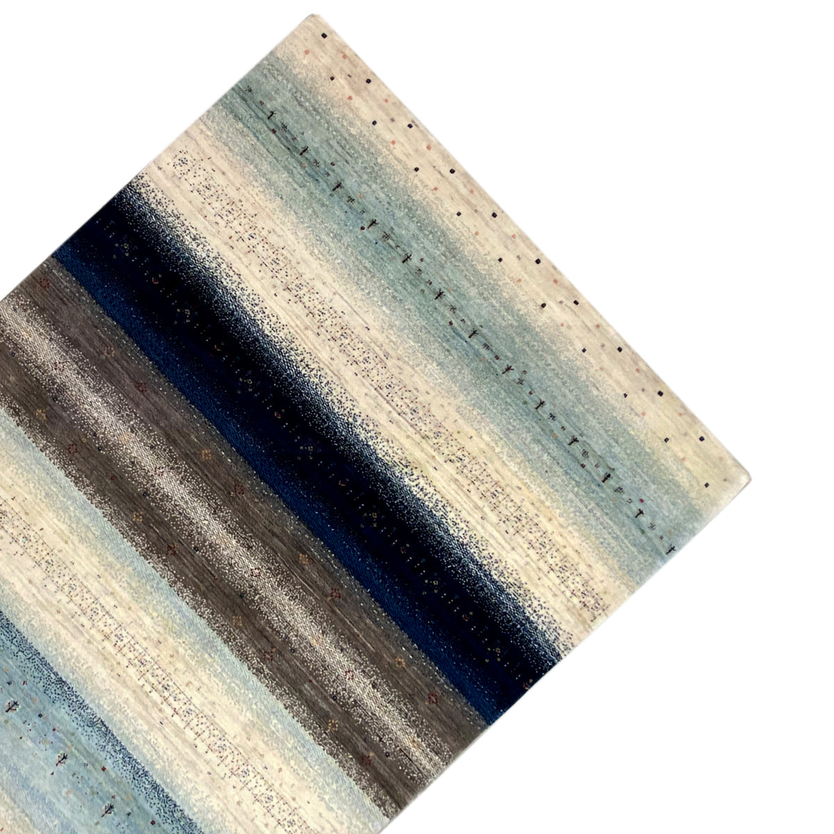 Gabbeh rug diagonal view: stripes in sky blue, dark blue, and gray