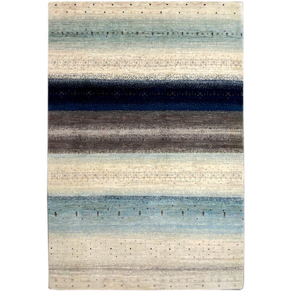 Gabbeh rug with a blue-gray striped pattern on a light background, rectangular