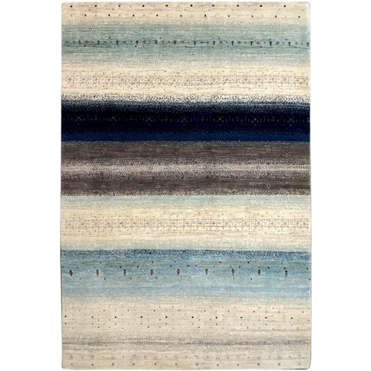 Gabbeh rug with a blue-gray striped pattern on a light background, rectangular