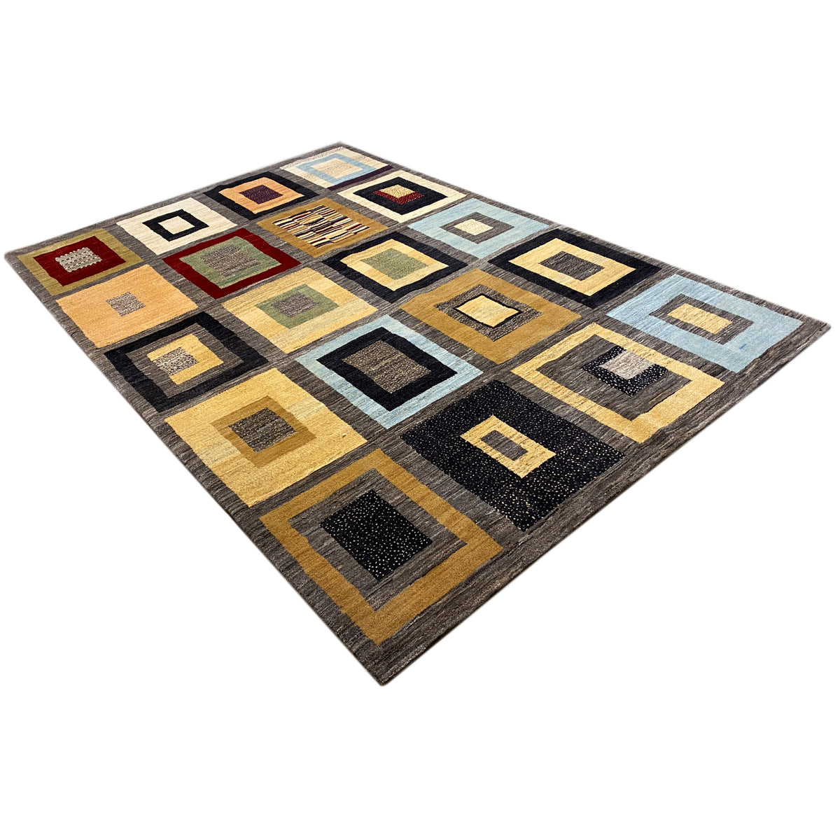 Square Gabbeh rug with checkerboard-like squares in yellow, black, and blue