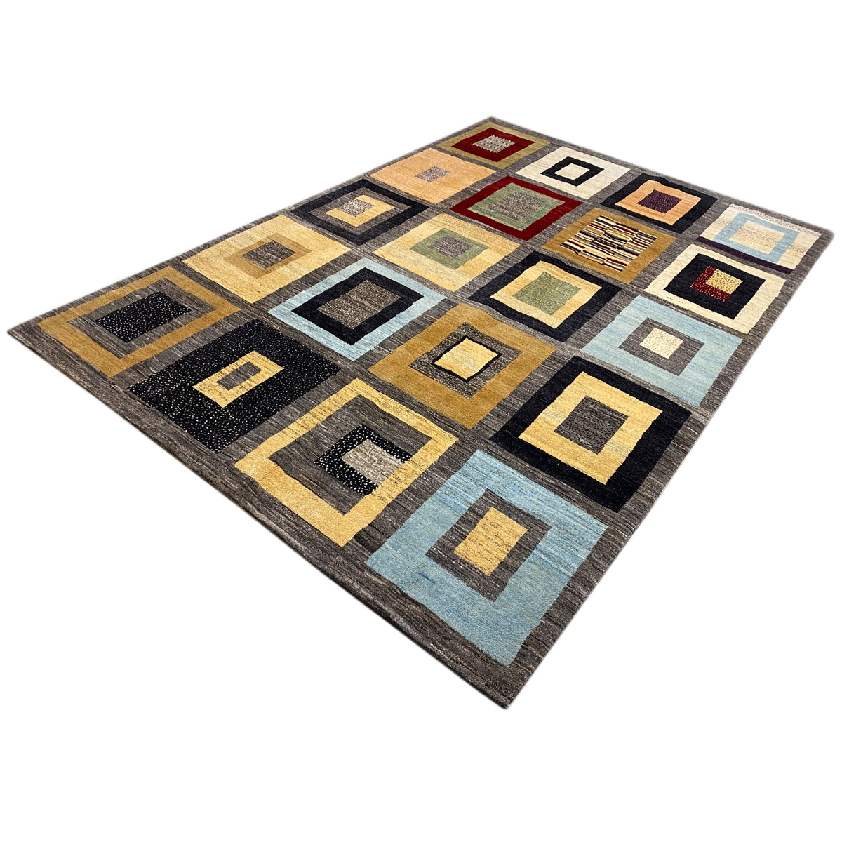 Rectangular rug with geometric squares in beige, black, red and light blue