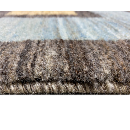Rug with a dense pile surface and a brown, multicolored thread pattern