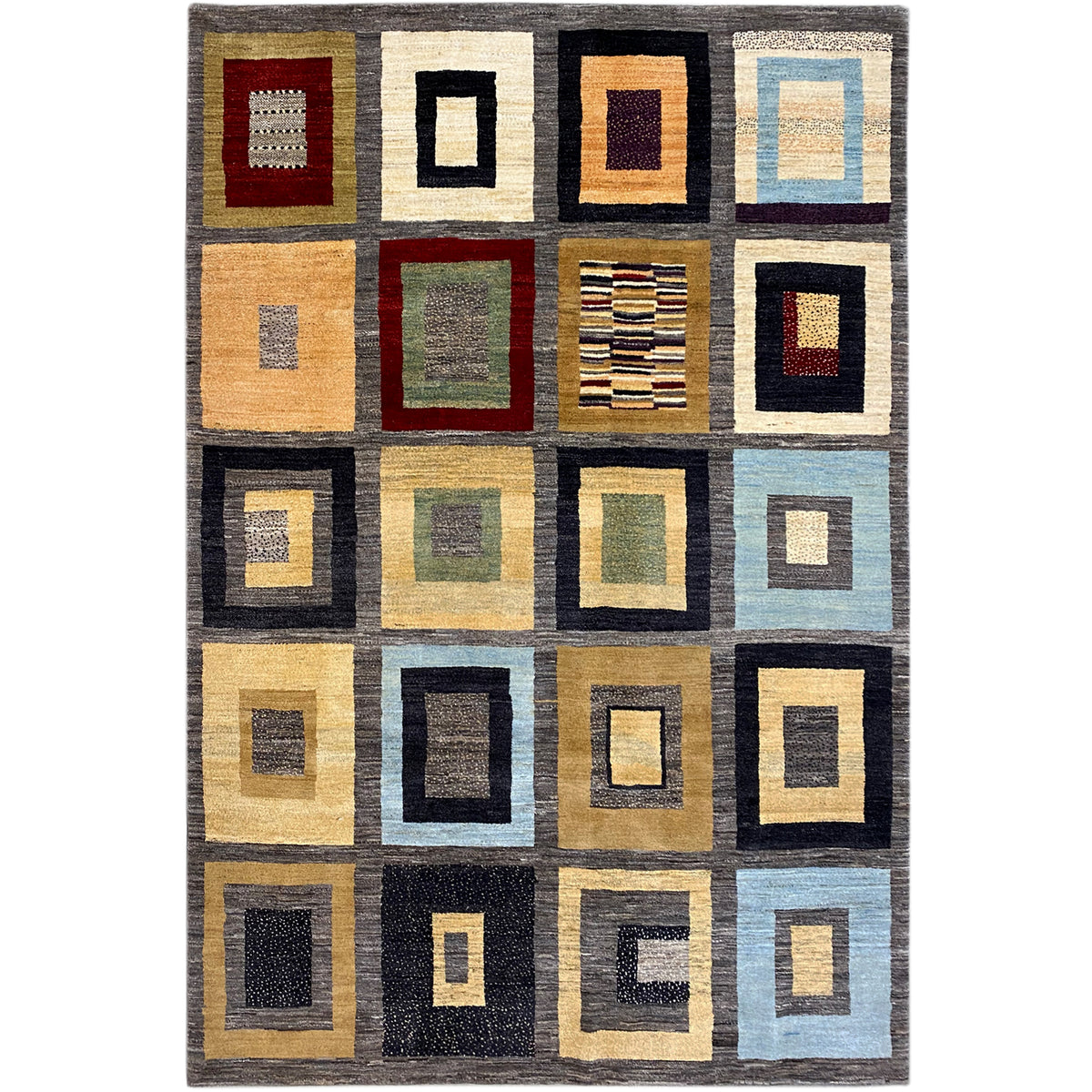 Colorful Gabbeh rug with a square pattern in beige, black, blue, and red
