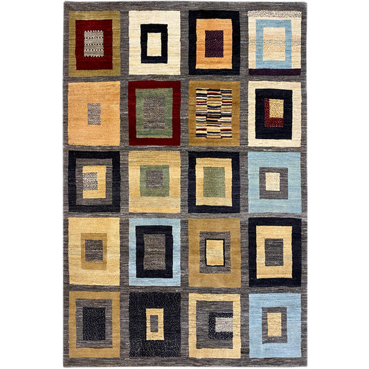 Colorful Gabbeh rug with a square pattern in beige, black, blue, and red