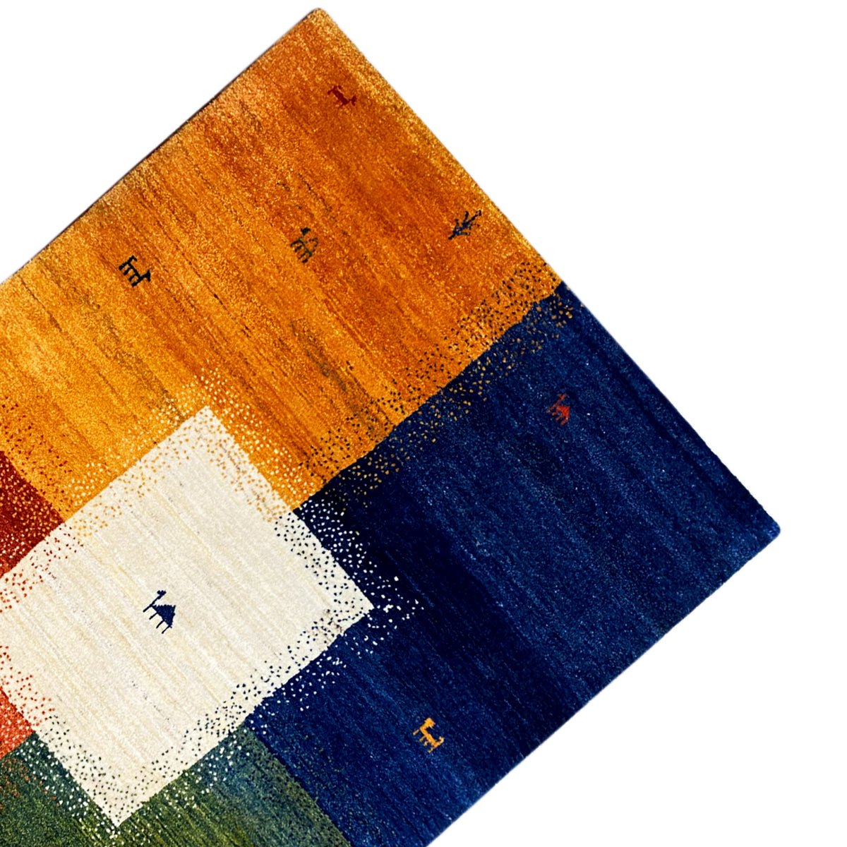 Corner Gabbeh rug (184x124 cm) with an orange field, blue block, and light central square