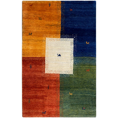 Gabbeh rug (184x124 cm) with a block pattern in orange, blue and green and a white center panel