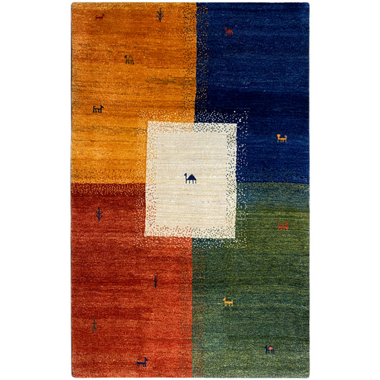 Gabbeh rug (184x124 cm) with a block pattern in orange, blue and green and a white center panel