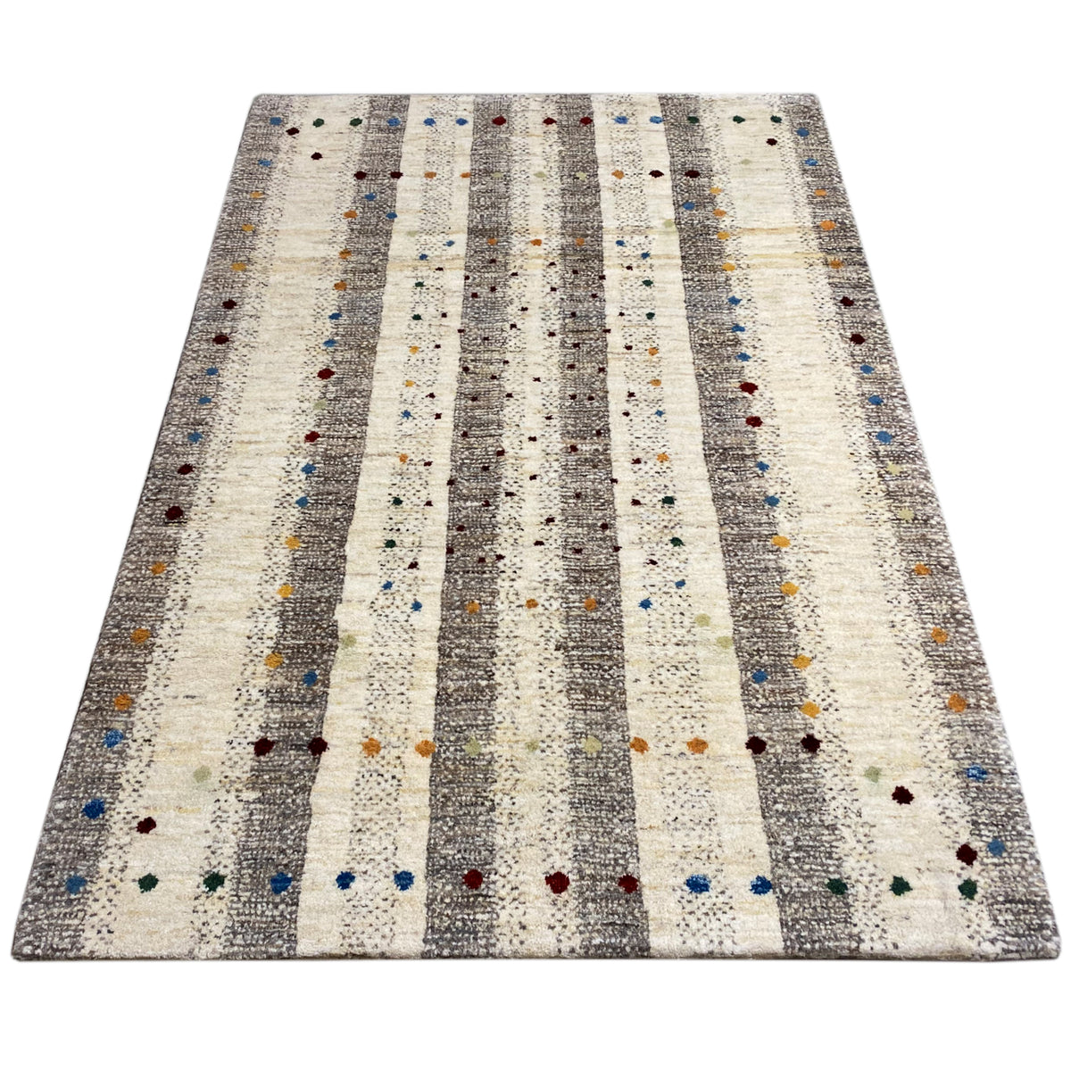 Gabbeh rug 176x118 cm from above: light gray stripes with colorful dots