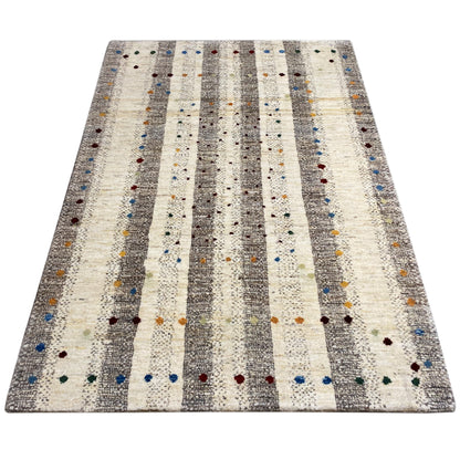 Gabbeh rug 176x118 cm from above: light gray stripes with colorful dots
