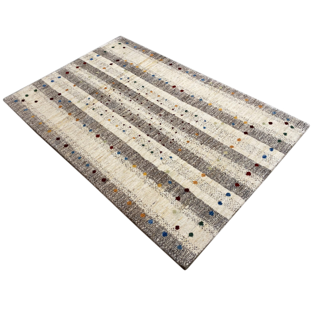 Gabbeh rug 176x118 cm, horizontal: cream-colored pile with gray stripes