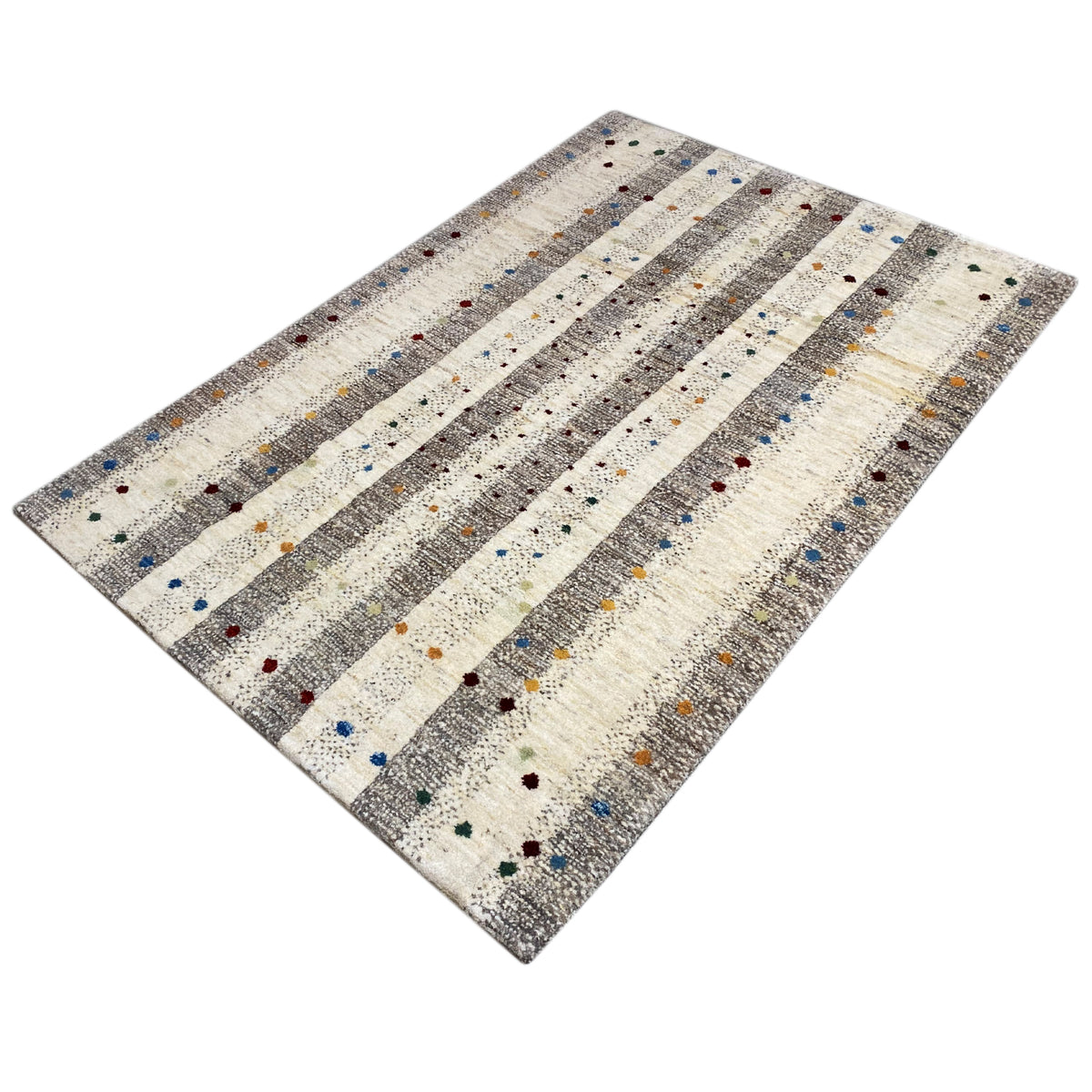 Gabbeh rug 176x118 cm diagonally: cream, gray, and colorful dot patterns