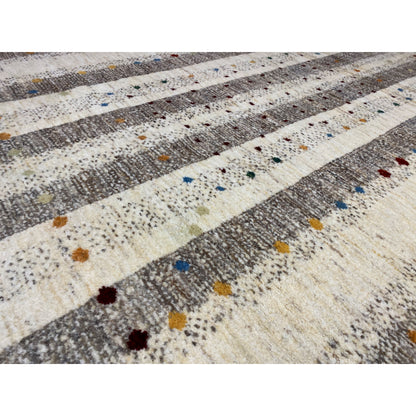 Gabbeh rug 176x118 cm close-up: gray stripes, cream background, colorful dots
