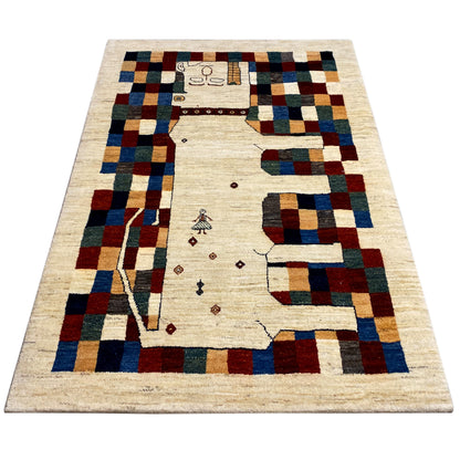 Gabbeh rug 182 x 120 cm, beige pile with checkered border and central figurative motif